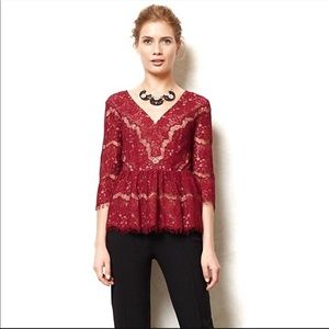 Anthropologie Maeve Burgundy Lace Peplum Top